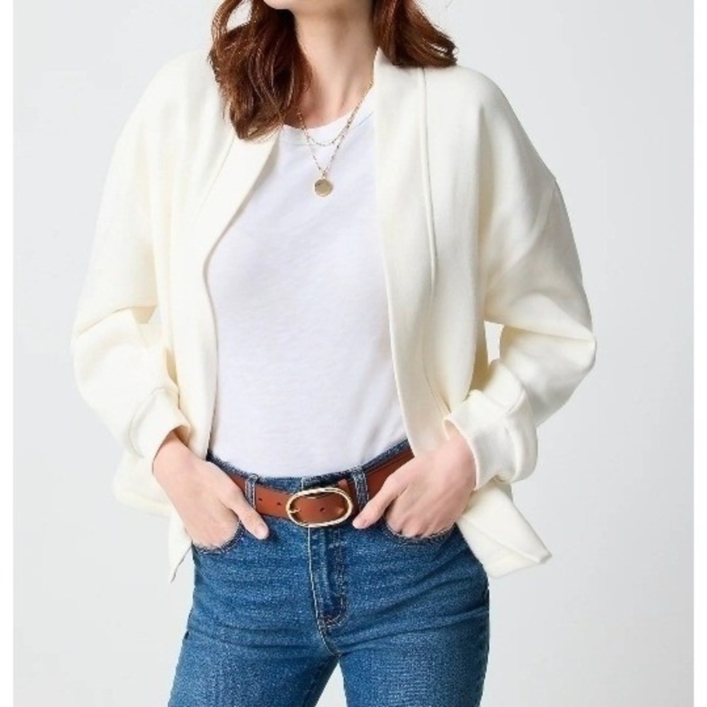 J.Crew Women Medium Ivory Knit Cardigan Open Front Fleece Lined Pockets CL515